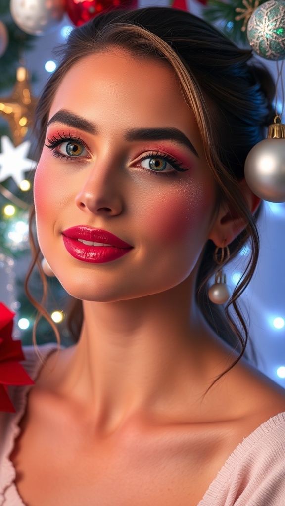 Festive pink Christmas makeup look with soft pink eyeshadow, rosy cheeks, and glossy pink lips.